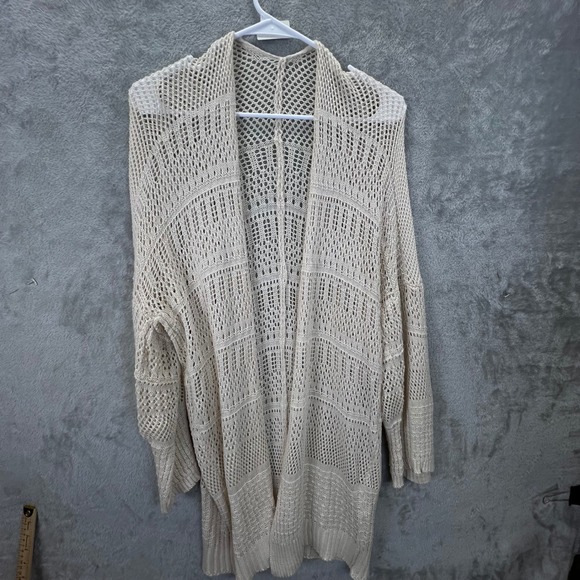 Unbranded Sweaters - Cover Up Cream Crochet Open Front Cardigan Sweater One Size Boho Knit Coastal